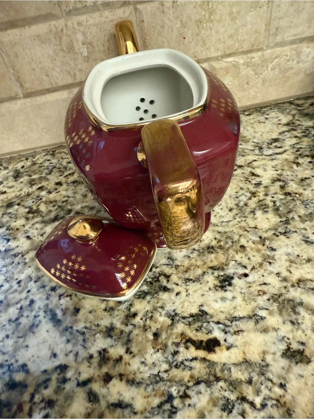 Burgundy Porcelain Teapot with Gold Accents